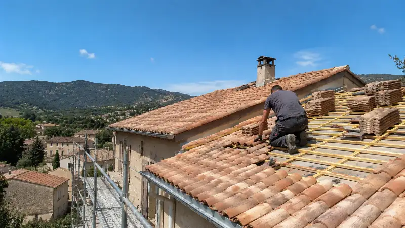 Chantier de couverture à Alès avec vue sur les collines du Gard