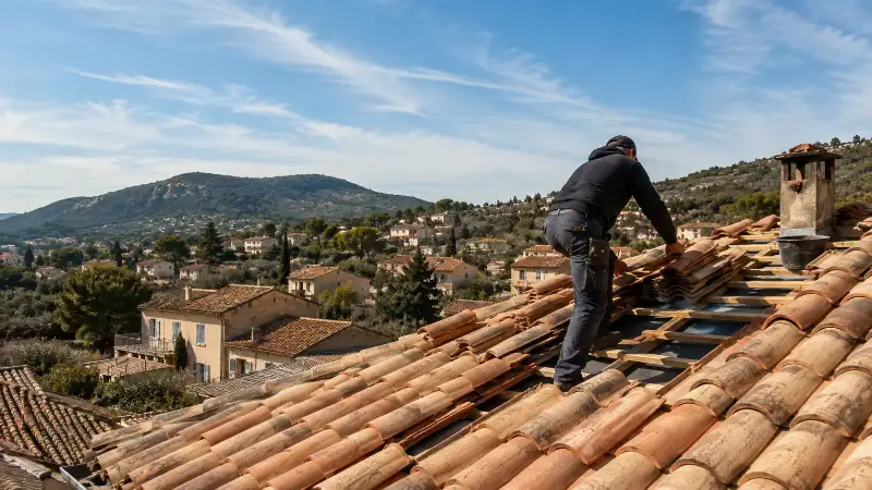 Couvreur réalisant un diagnostic de toiture avant devis dans le Gard