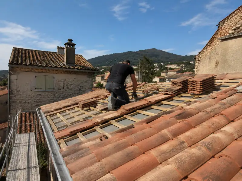 Couvreur inspectant une toiture et ses gouttières lors d'un diagnostic à Alès